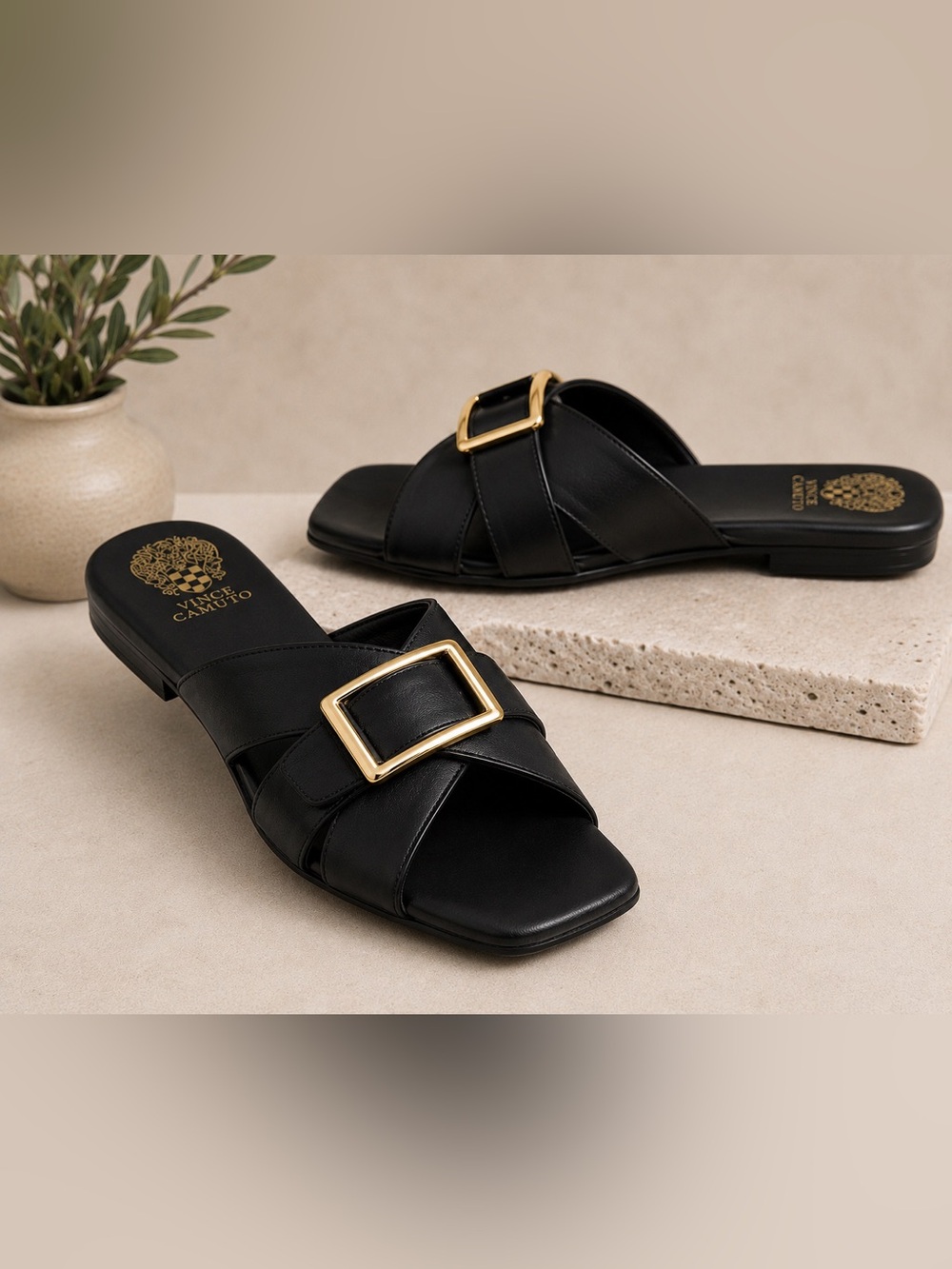 Vince Camuto Black Leather Slide Sandals with Gold Buckle